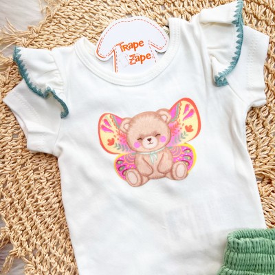 Conj. Body Ursinha Borboleta e Short - Off White e Verde